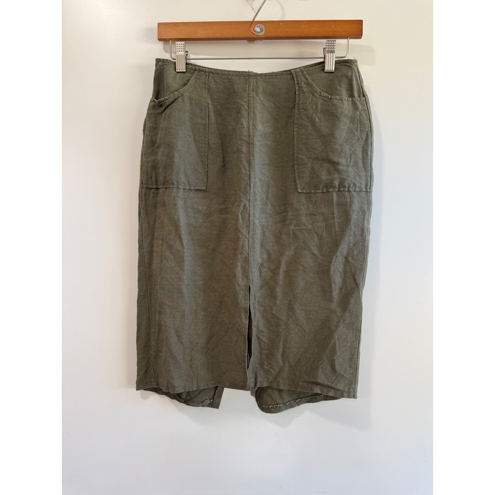 Who What Wear Olive Green Linen Blend Midi Skirt Front Slit Utility Pockets Sz 2